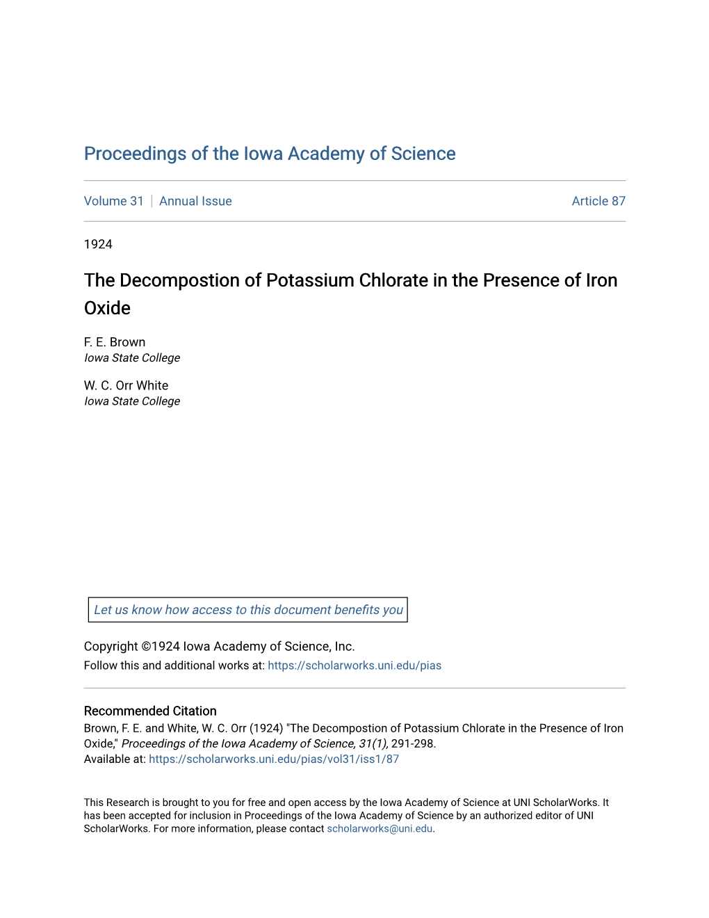 The Decompostion of Potassium Chlorate in the Presence of Iron Oxide