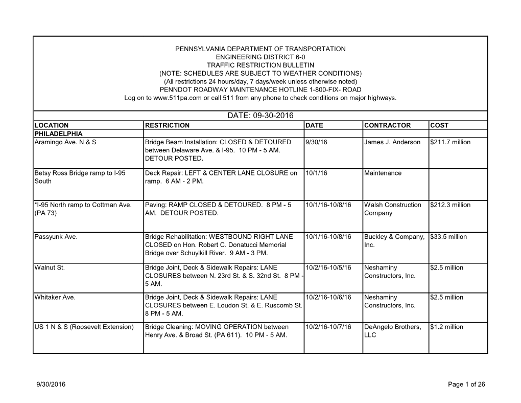 DATE: 09-30-2016 LOCATION RESTRICTION DATE CONTRACTOR COST PHILADELPHIA Aramingo Ave