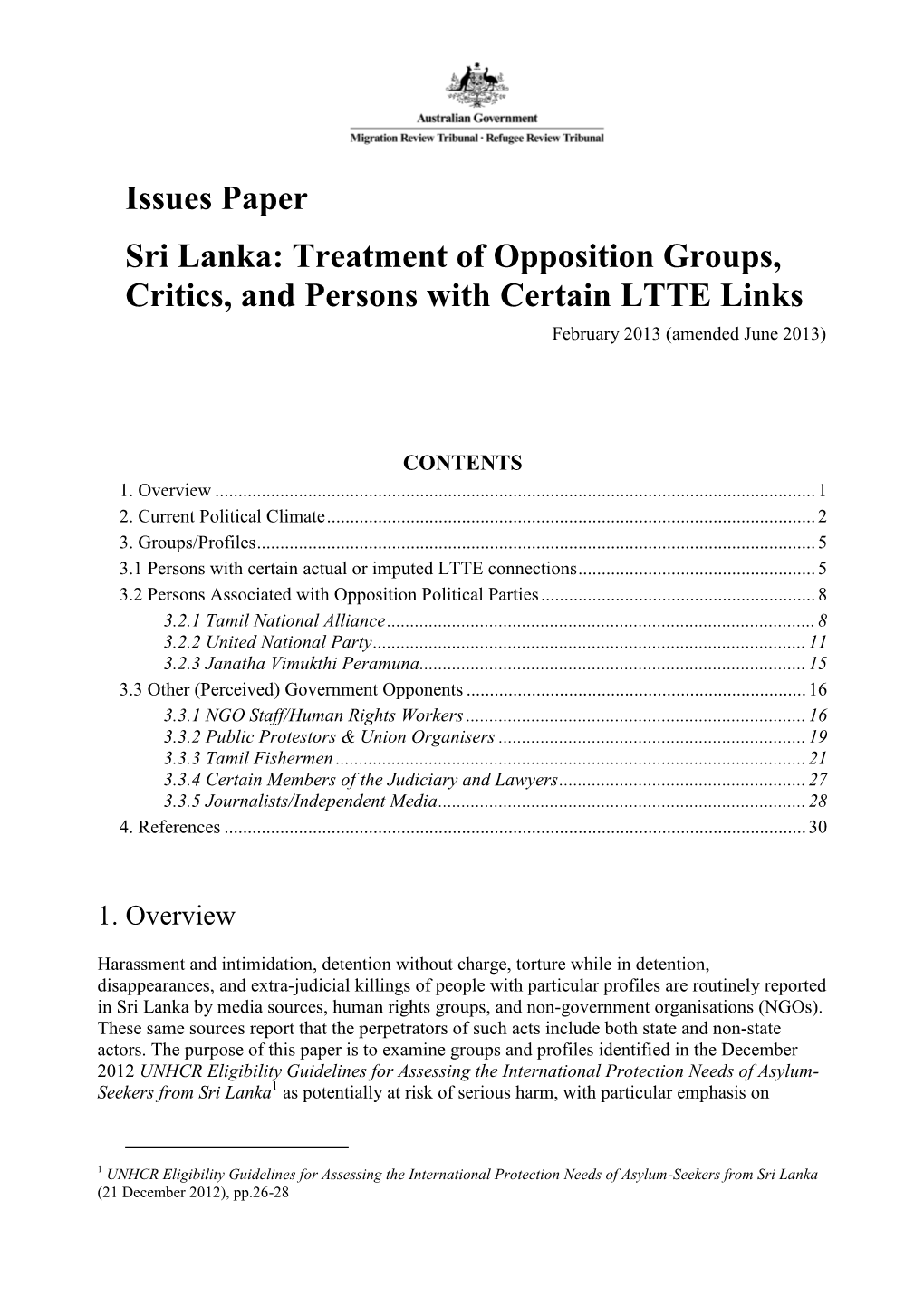 Issues Paper Sri Lanka: Treatment of Certain Government