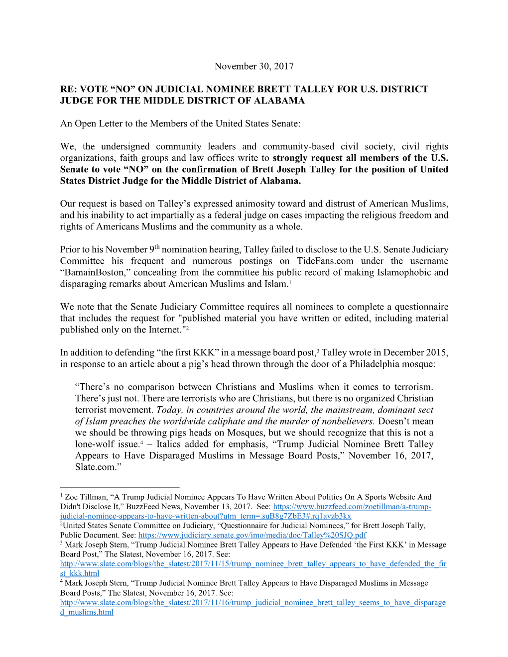 November 30, 2017 RE: VOTE “NO” on JUDICIAL NOMINEE BRETT TALLEY for U.S. DISTRICT JUDGE for the MIDDLE DISTRICT of ALABAMA