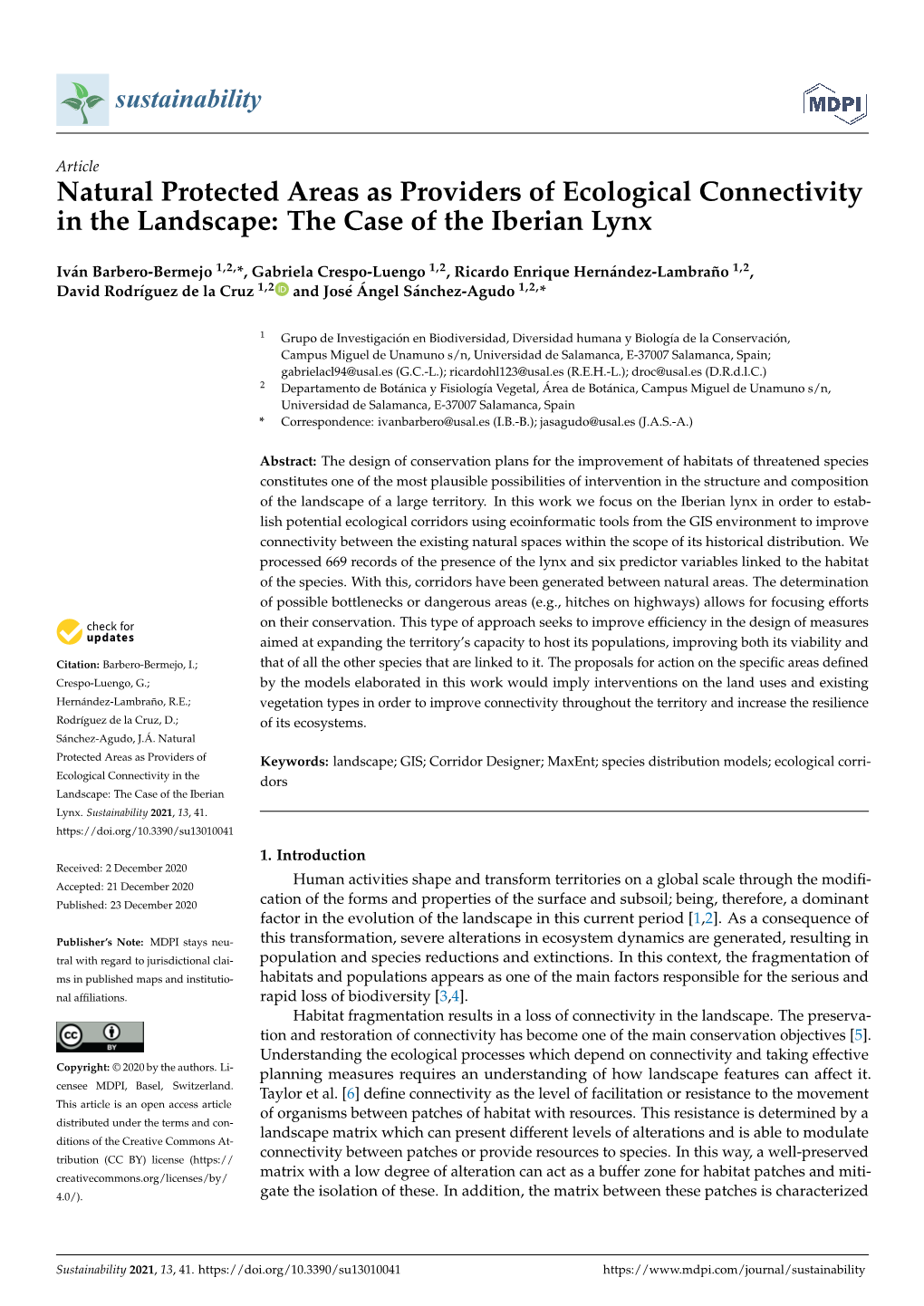 Natural Protected Areas As Providers of Ecological Connectivity in the Landscape: the Case of the Iberian Lynx