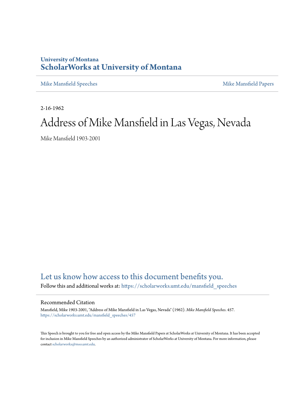 Address of Mike Mansfield in Las Vegas, Nevada Mike Mansfield 1903-2001