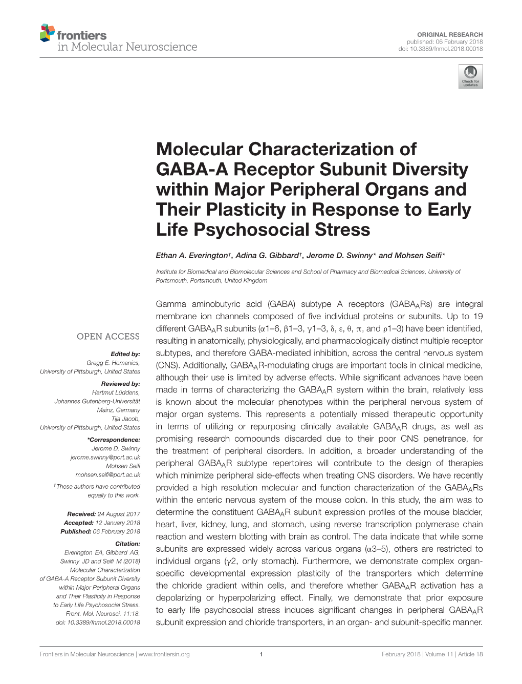 Molecular Characterization of GABA-A Receptor Subunit Diversity Within Major Peripheral Organs and Their Plasticity in Response to Early Life Psychosocial Stress