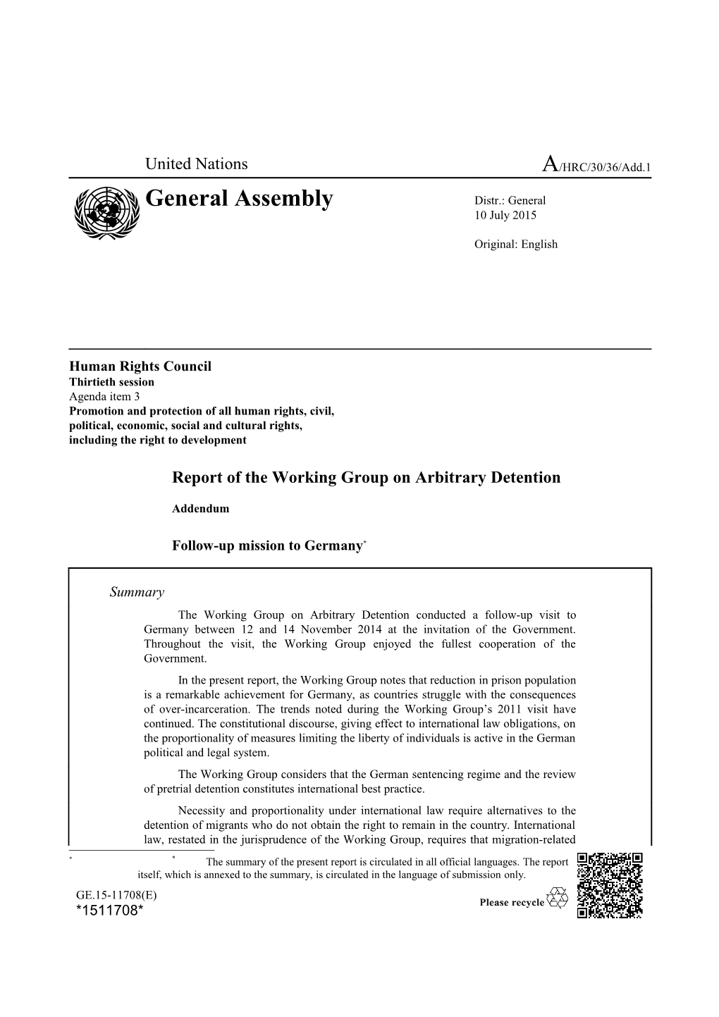 Report of the Working Group on Arbitrary Detention, Addendum - Follow-Up Mission to Germany