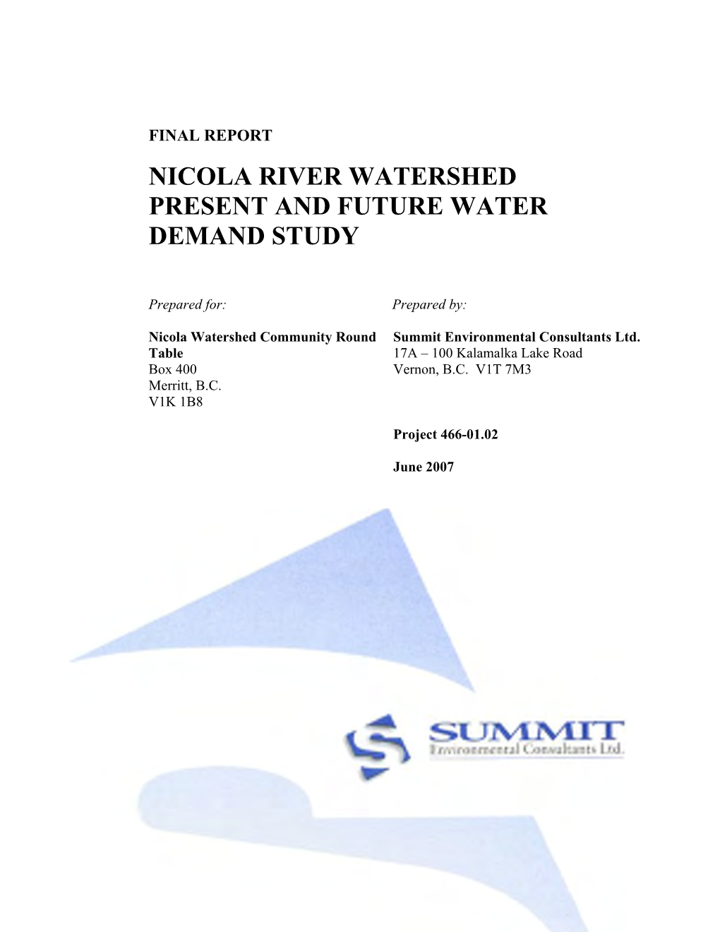 Nicola River Watershed Present and Future Water Demand Study