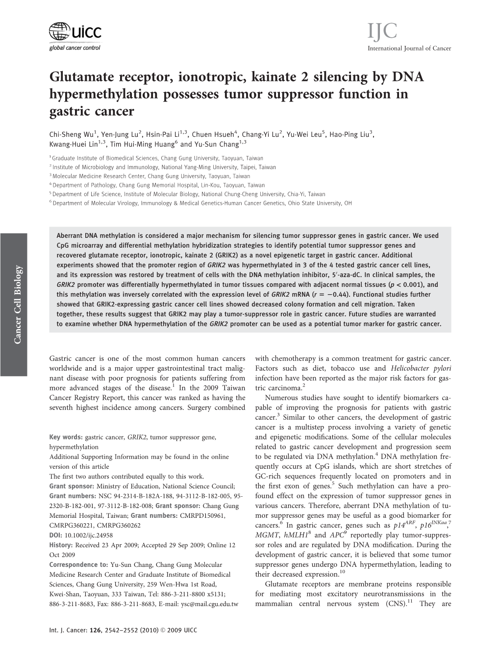 Glutamate Receptor, Ionotropic, Kainate 2 Silencing by DNA Hypermethylation Possesses Tumor Suppressor Function in Gastric Cancer