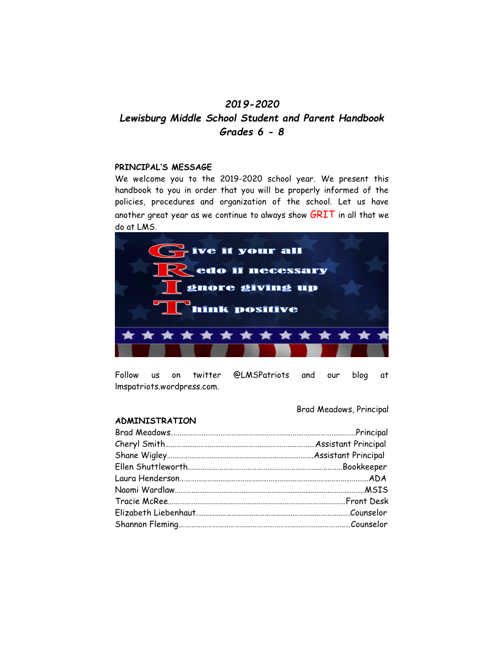 2019-2020 Lewisburg Middle School Student and Parent Handbook Grades 6 - 8