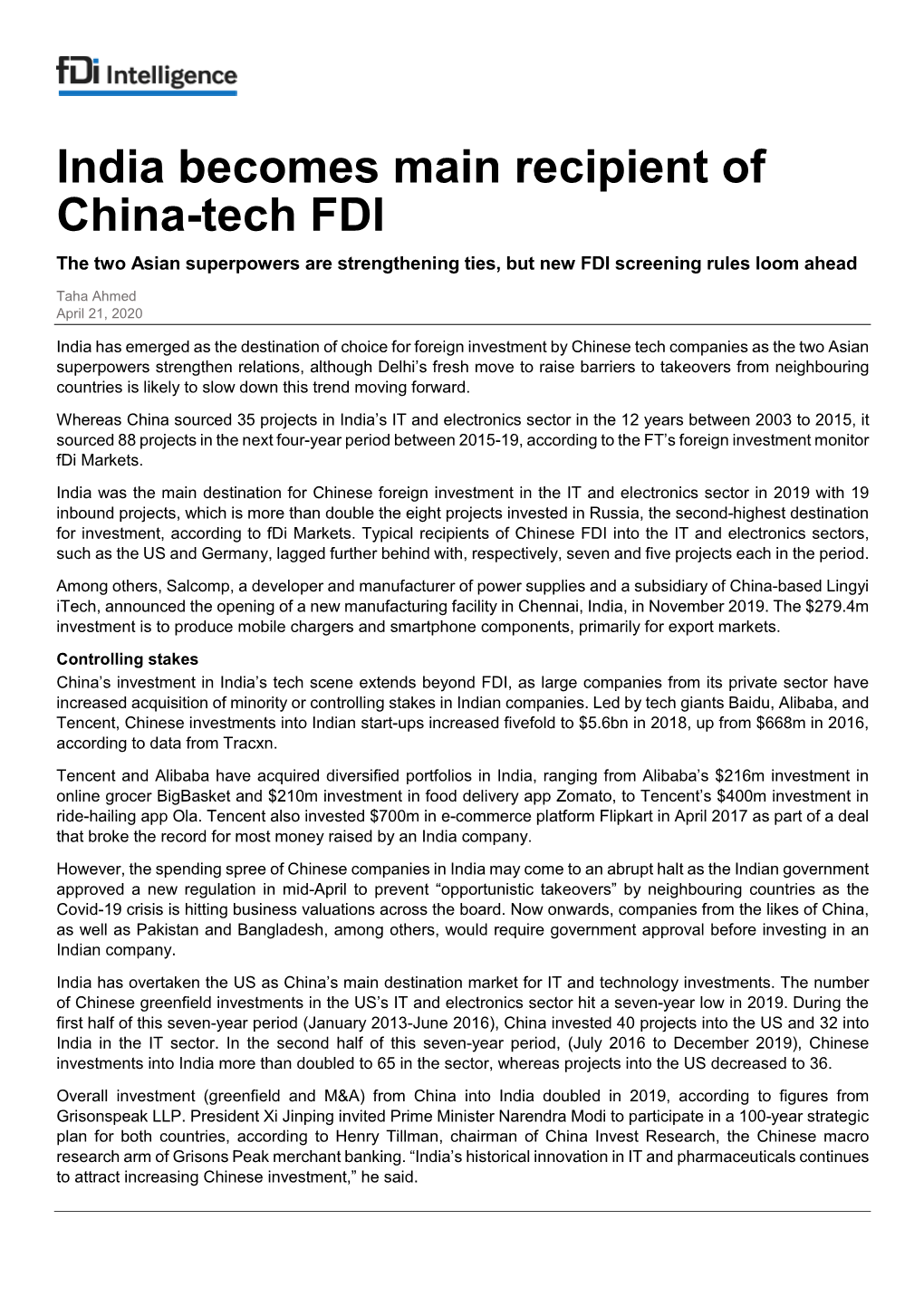 India Becomes Main Recipient of China-Tech FDI the Two Asian Superpowers Are Strengthening Ties, but New FDI Screening Rules Loom Ahead