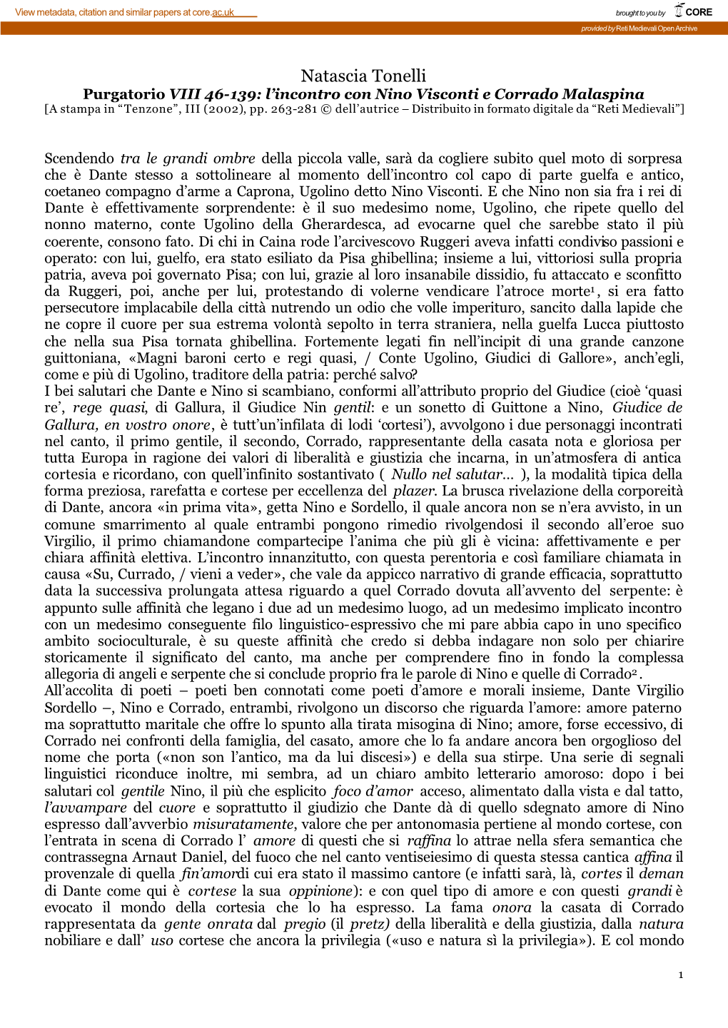 Natascia Tonelli Purgatorio VIII 46-139: L’Incontro Con Nino Visconti E Corrado Malaspina [A Stampa in “Tenzone”, III (2002), Pp