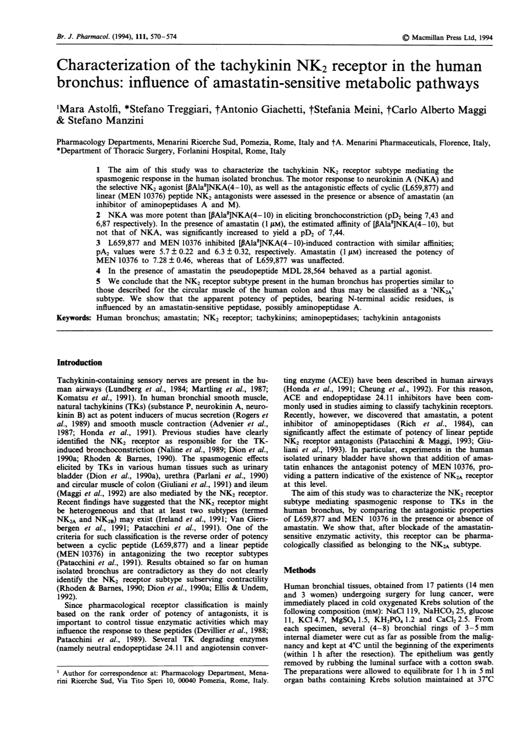 Characterization of the Tachykinin NK2 Receptor in the Human Bronchus: Influence of Amastatin-Sensitive Metabolic Pathways