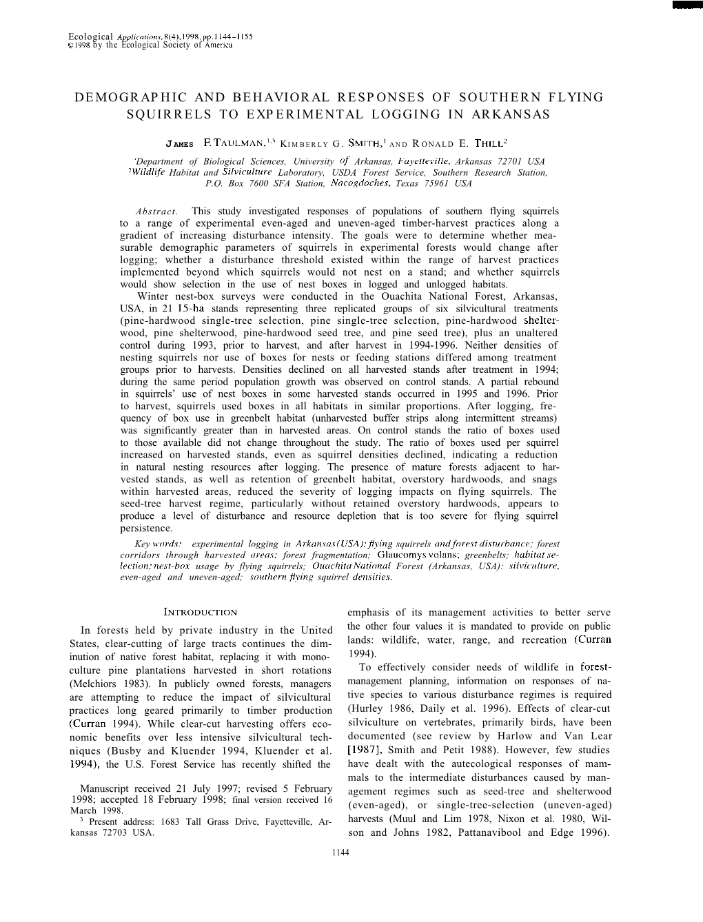 Demographic and Behavioral Responses of Southern Flying Squirrels to Experimental Logging in Arkansas