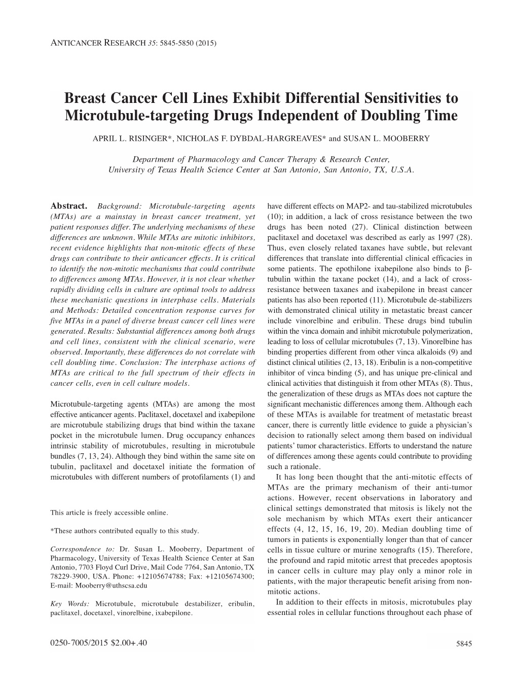 Breast Cancer Cell Lines Exhibit Differential Sensitivities to Microtubule-Targeting Drugs Independent of Doubling Time