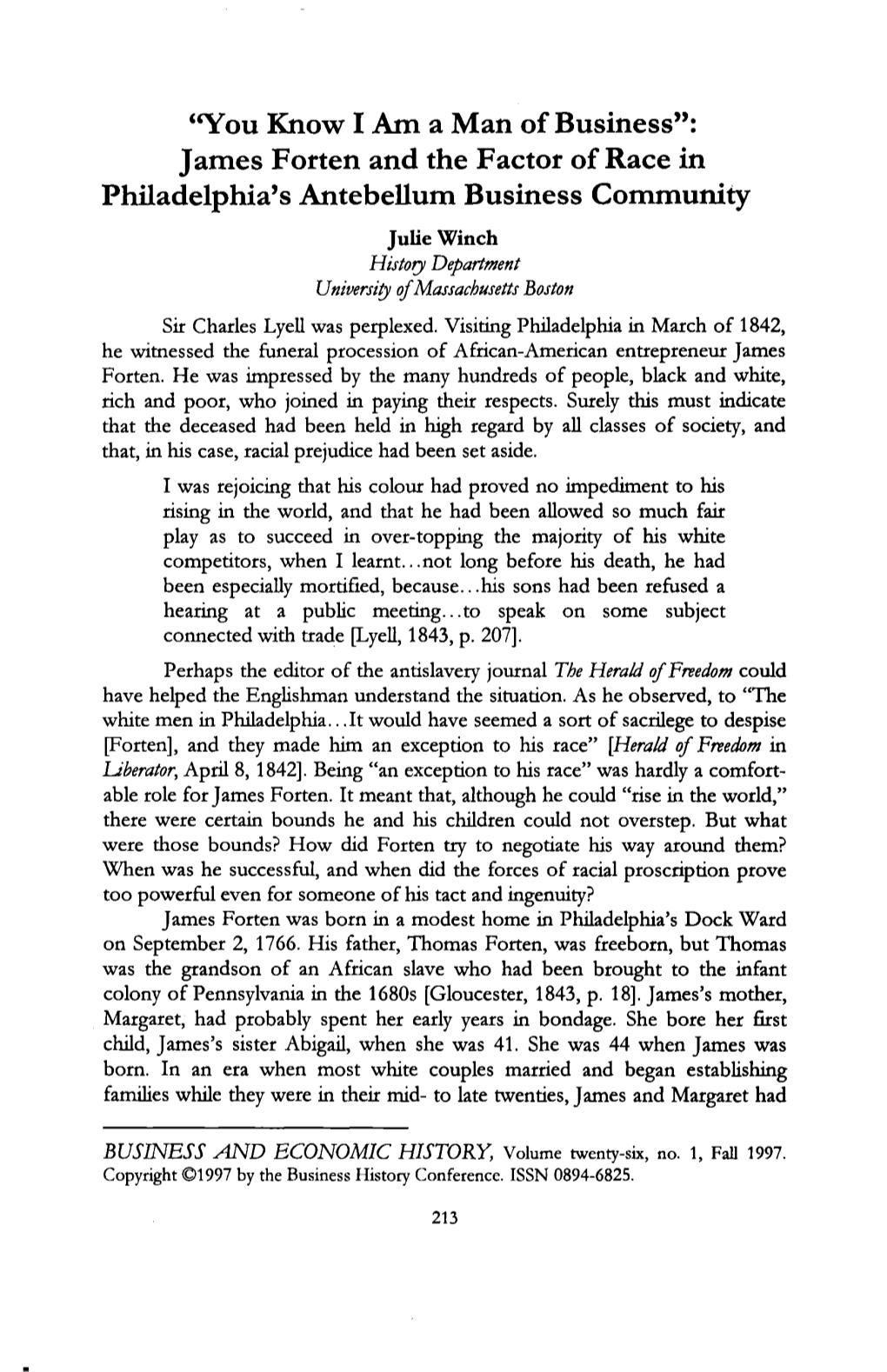 James Forten and the Factor of Race in Philadelphia's Antebellum Business Commu