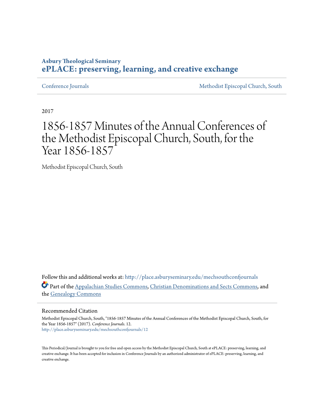 1856-1857 Minutes of the Annual Conferences of the Methodist Episcopal Church, South, for the Year 1856-1857 Methodist Episcopal Church, South