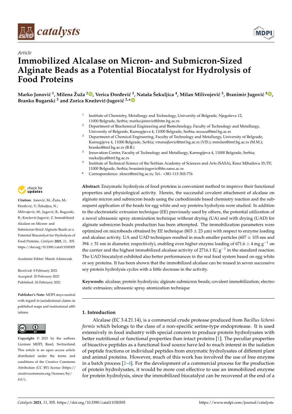 Immobilized Alcalase on Micron- and Submicron-Sized Alginate Beads As a Potential Biocatalyst for Hydrolysis of Food Proteins