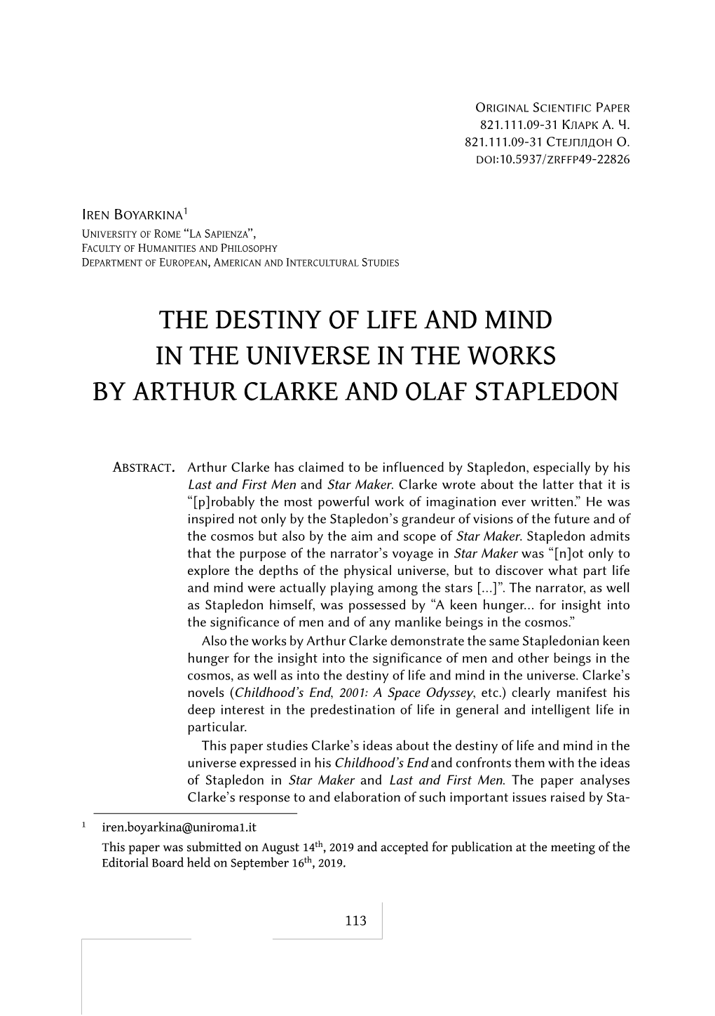The Destiny of Life and Mind in the Universe in the Works by Arthur Clarke and Olaf Stapledon