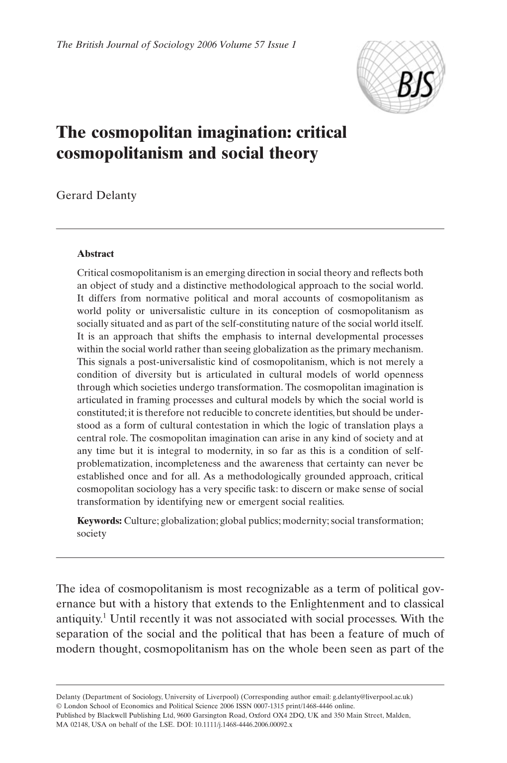 The Cosmopolitan Imagination: Critical Cosmopolitanism and Social Theory