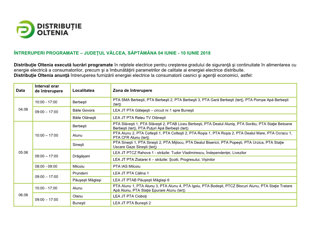 Întreruperi Programate – Judeţul Vâlcea, Săptămâna 04 Iunie - 10 Iunie 2018