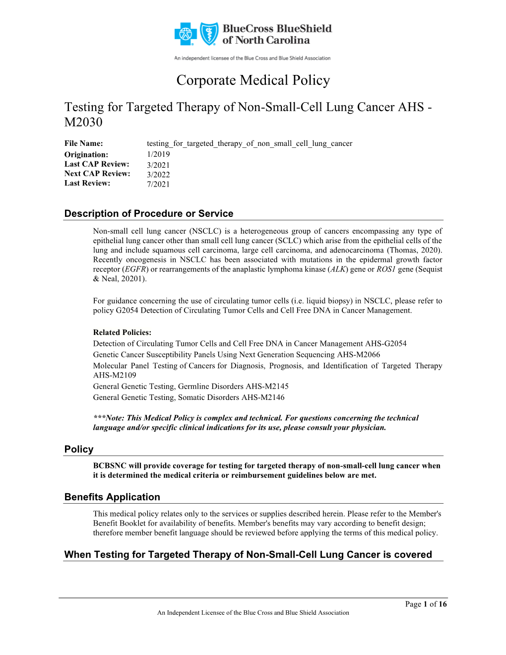 Testing for Targeted Therapy of Non-Small-Cell Lung Cancer AHS - M2030