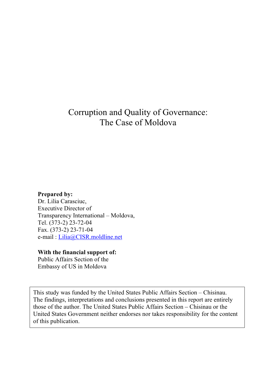 Corruption and Quality of Governance: the Case of Moldova