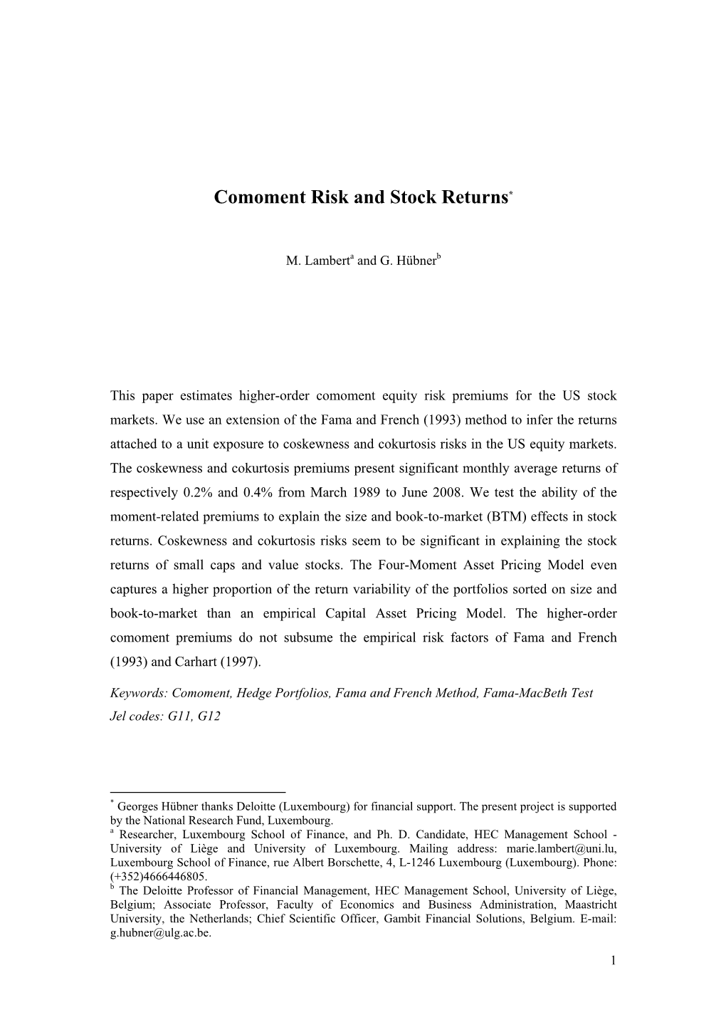 Comoment Risk and Stock Returns*