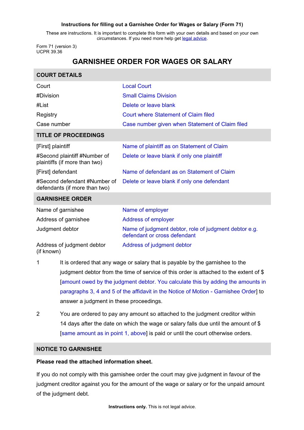 NSW UCPR Form 71 (Version 2) - Garnishee Order for Wages Or Salary