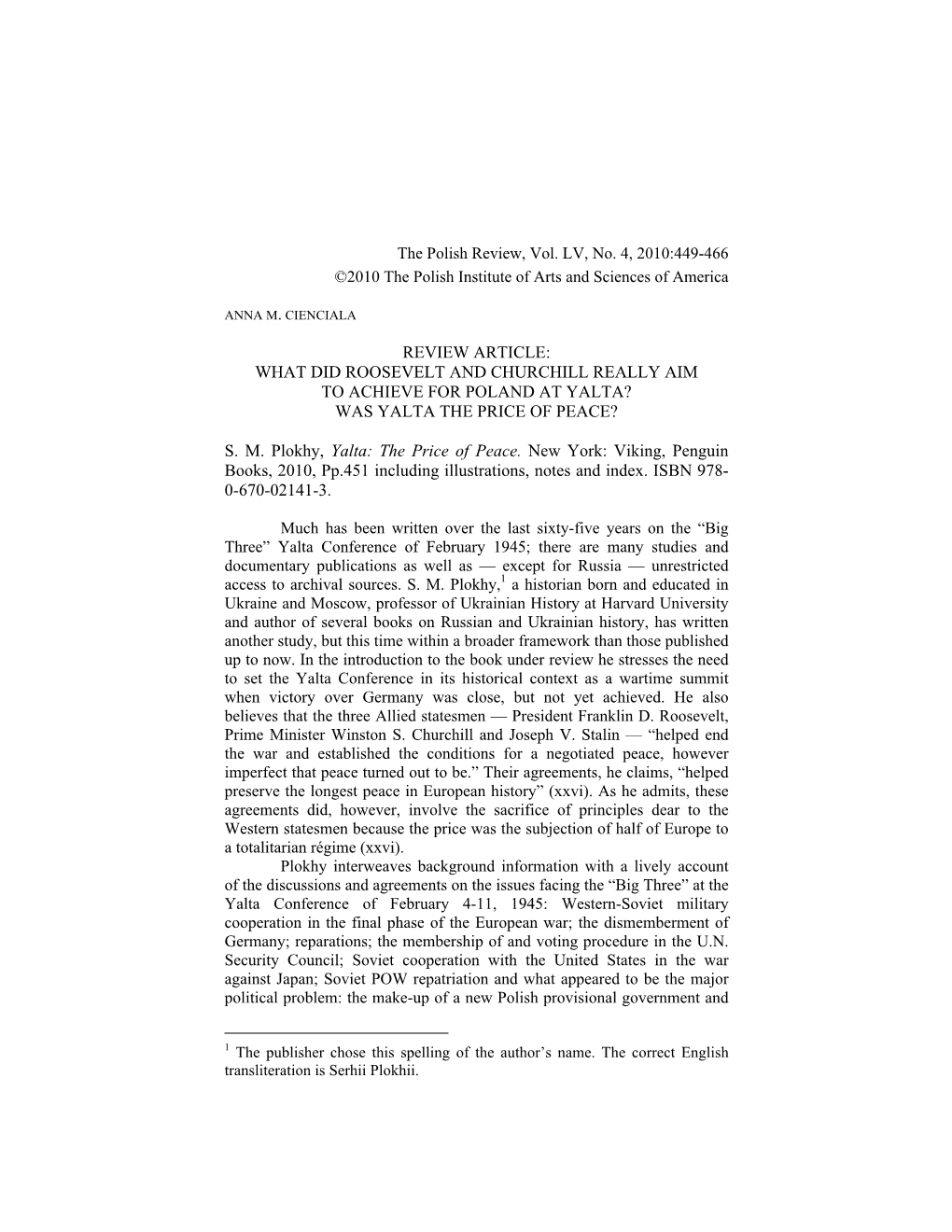 Review Article: What Did Roosevelt and Churchill Really Aim to Achieve for Poland at Yalta? Was Yalta the Price of Peace?