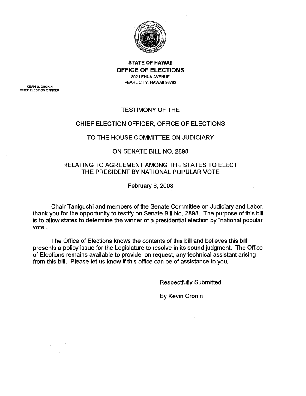 Office of Elections Testimony of the Chief Election