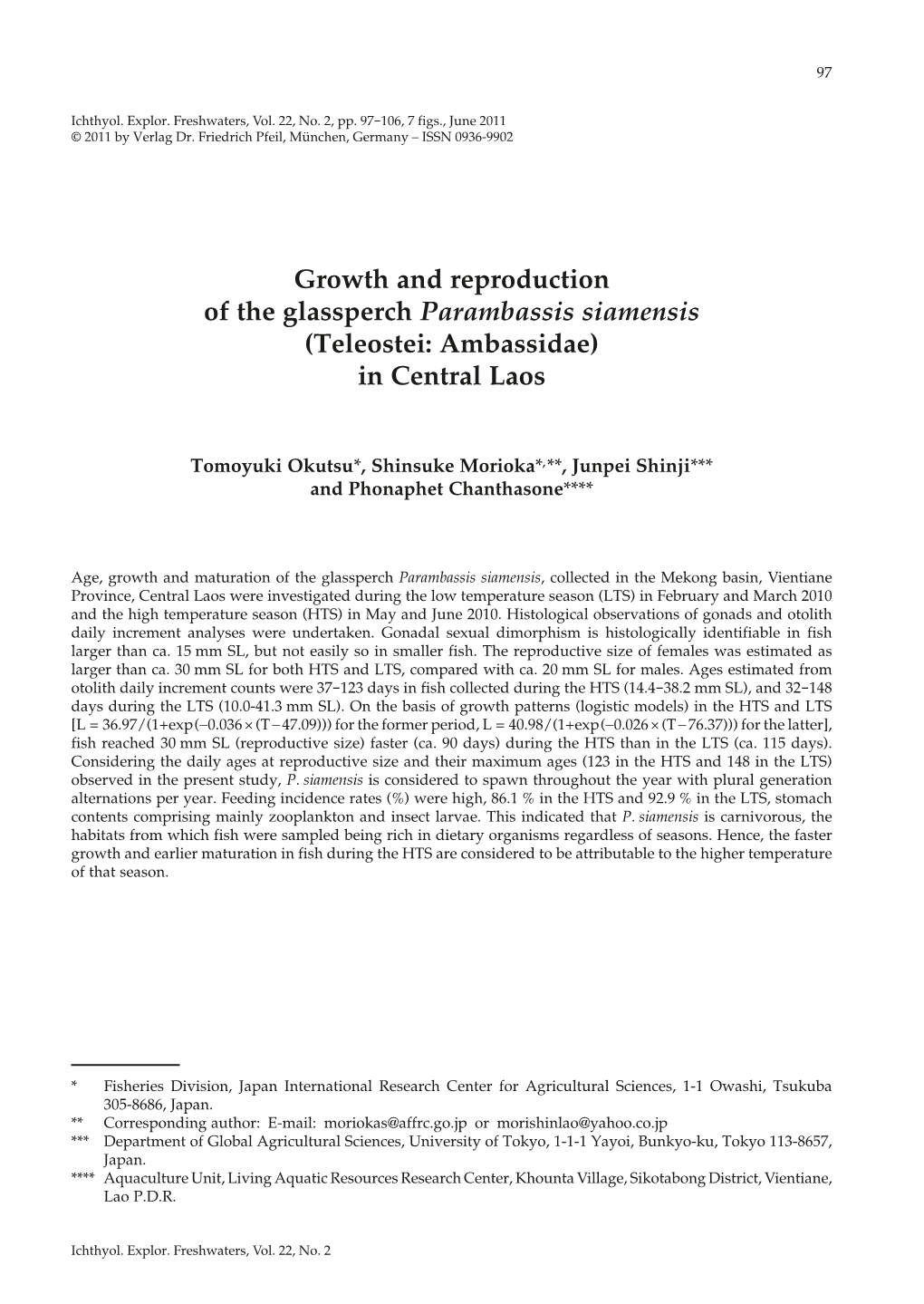 Growth and Reproduction of the Glassperch Parambassis Siamensis (Teleostei: Ambassidae) in Central Laos