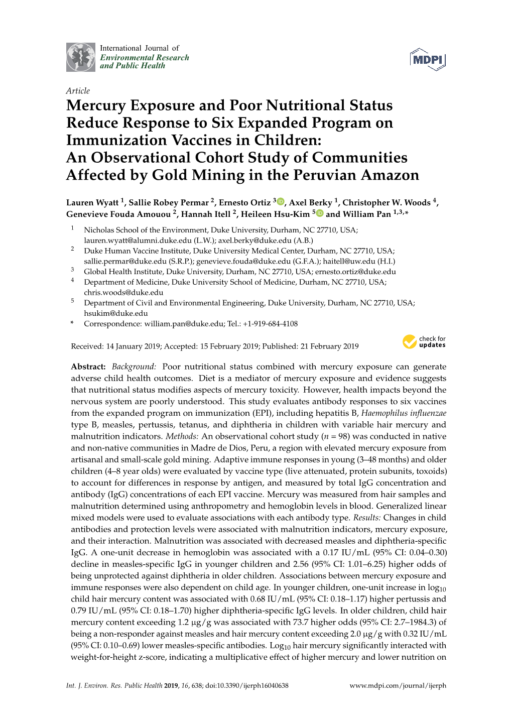 Mercury Exposure and Poor Nutritional Status Reduce Response to Six Expanded Program on Immunization Vaccines in Children