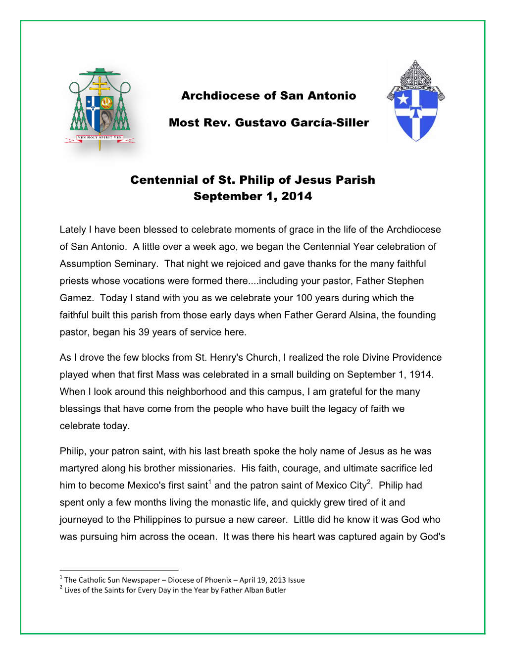 Centennial of St. Philip of Jesus Parish September 1, 2014