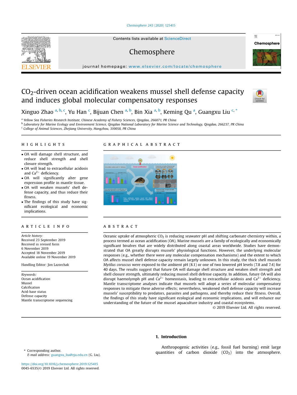 CO2-Driven Ocean Acidification Weakens Mussel Shell Defense Capacity and Induces Global Molecular Compensatory Responses