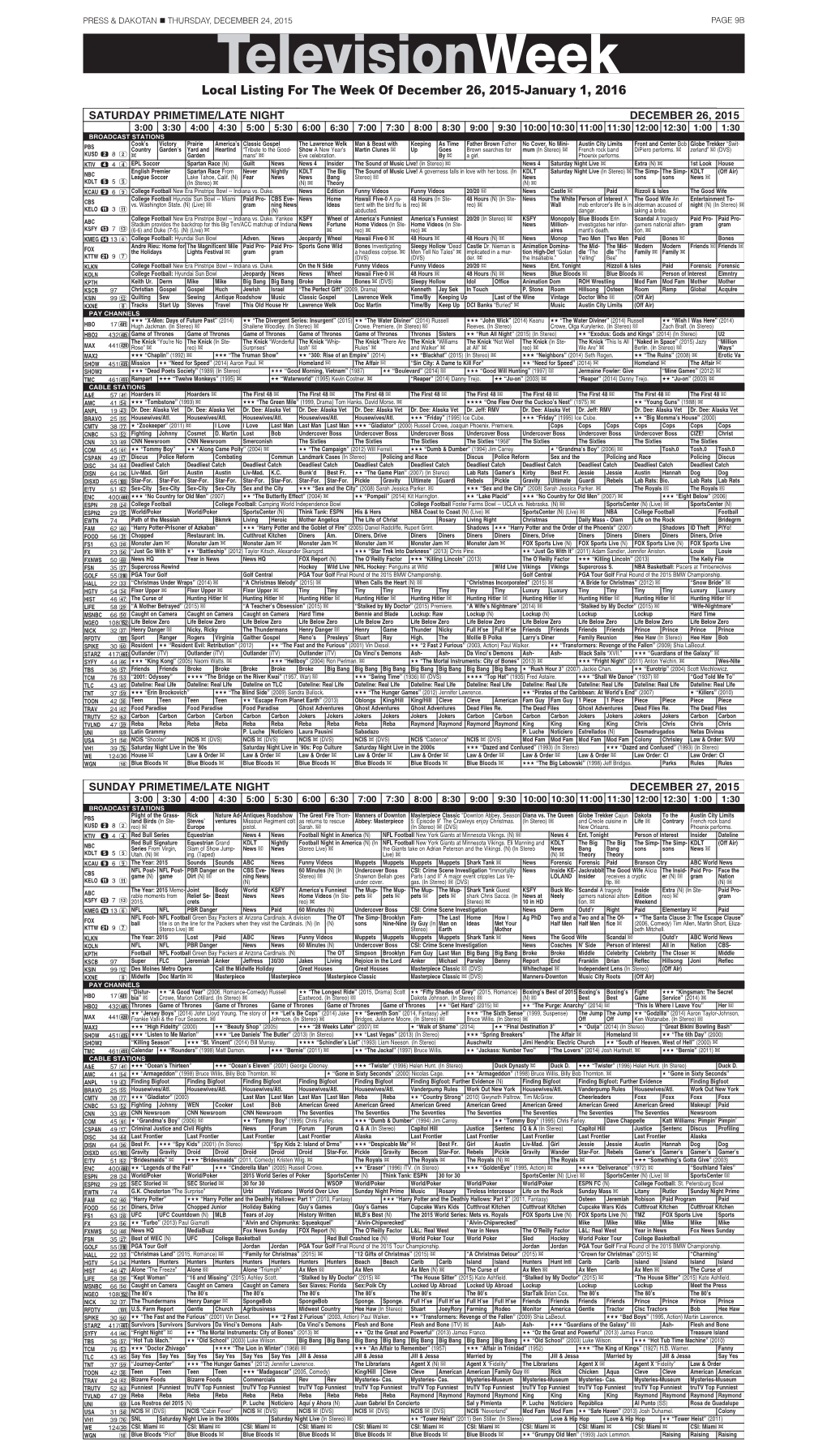 Televisionweek Local Listing for the Week of December 26, 2015-January 1, 2016