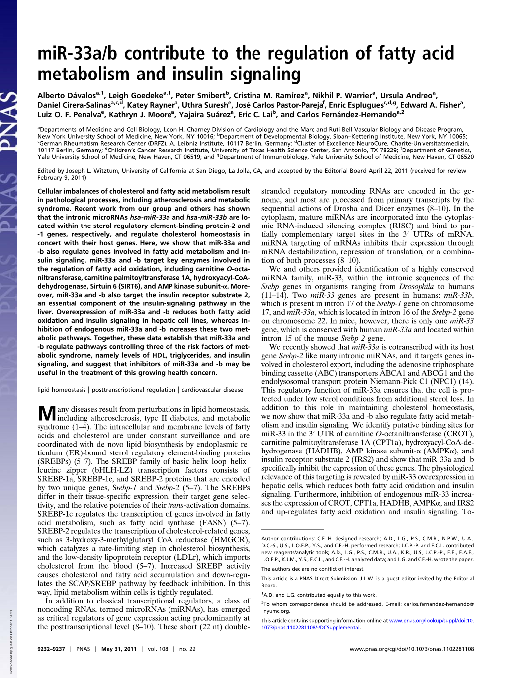 Mir-33A/B Contribute to the Regulation of Fatty Acid Metabolism and Insulin Signaling