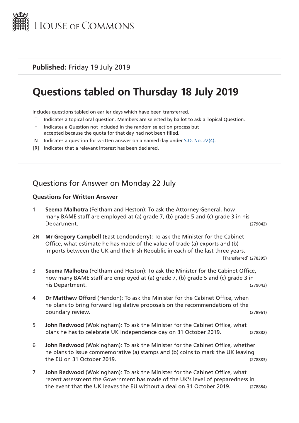 Questions Tabled on Thu 18 Jul 2019