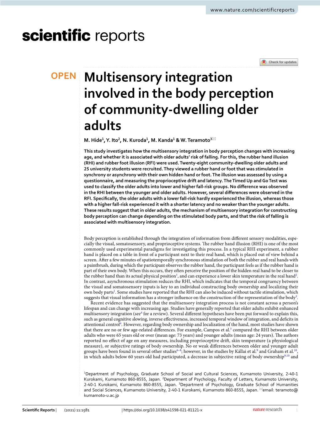 Multisensory Integration Involved in the Body Perception of Community‑Dwelling Older Adults M