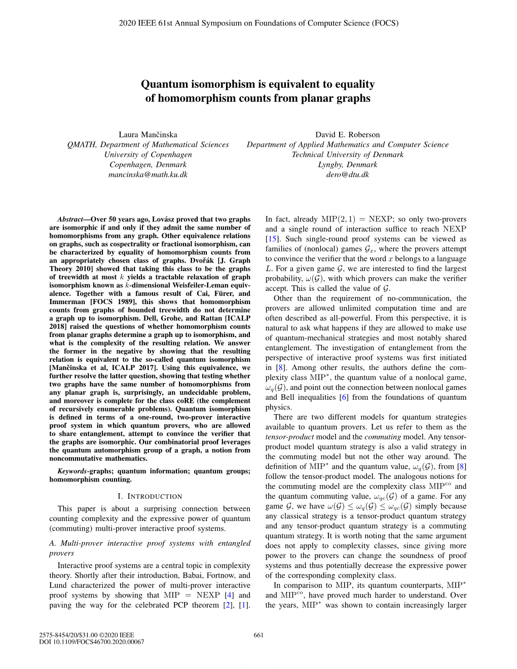 Quantum Isomorphism Is Equivalent to Equality of Homomorphism Counts from Planar Graphs