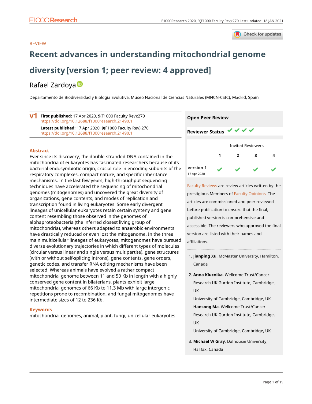 Recent Advances in Understanding Mitochondrial Genome Diversity [Version 1; Peer Review: 4 Approved]