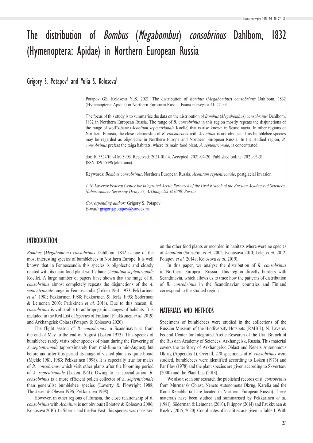 Hymenoptera: Apidae) in Northern European Russia