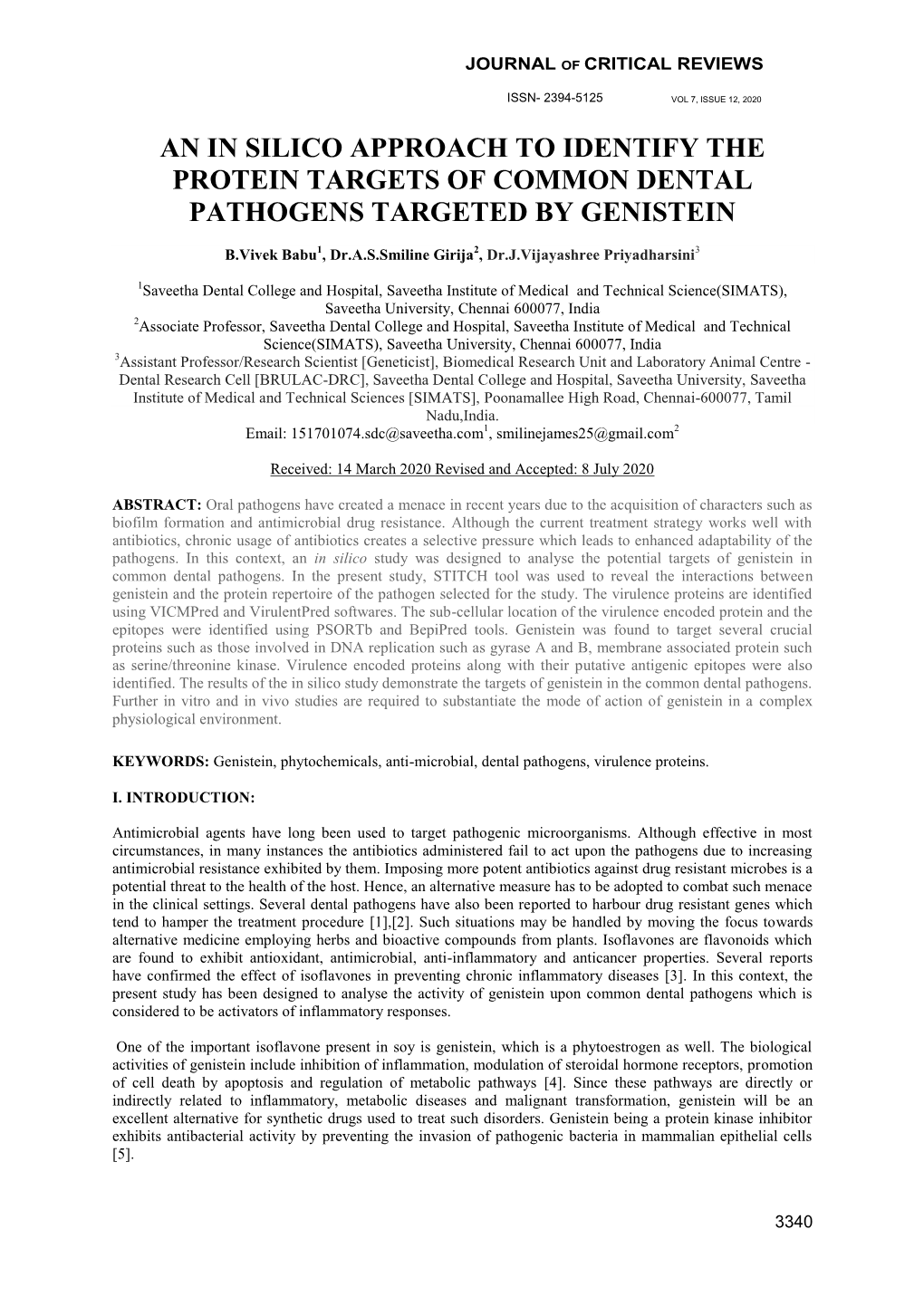 An in Silico Approach to Identify the Protein Targets of Common Dental Pathogens Targeted by Genistein