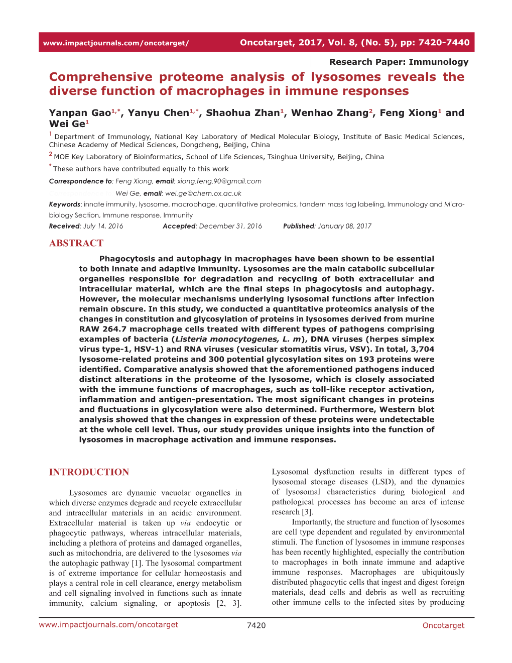 Comprehensive Proteome Analysis of Lysosomes Reveals the Diverse Function of Macrophages in Immune Responses