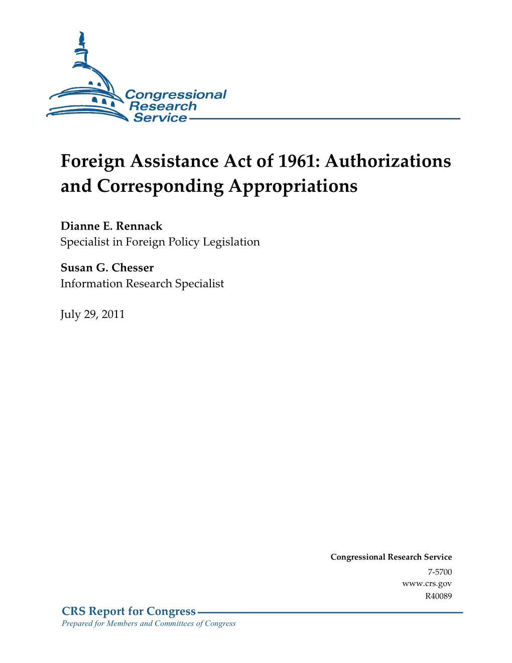 Foreign Assistance Act of 1961: Authorizations and Corresponding Appropriations