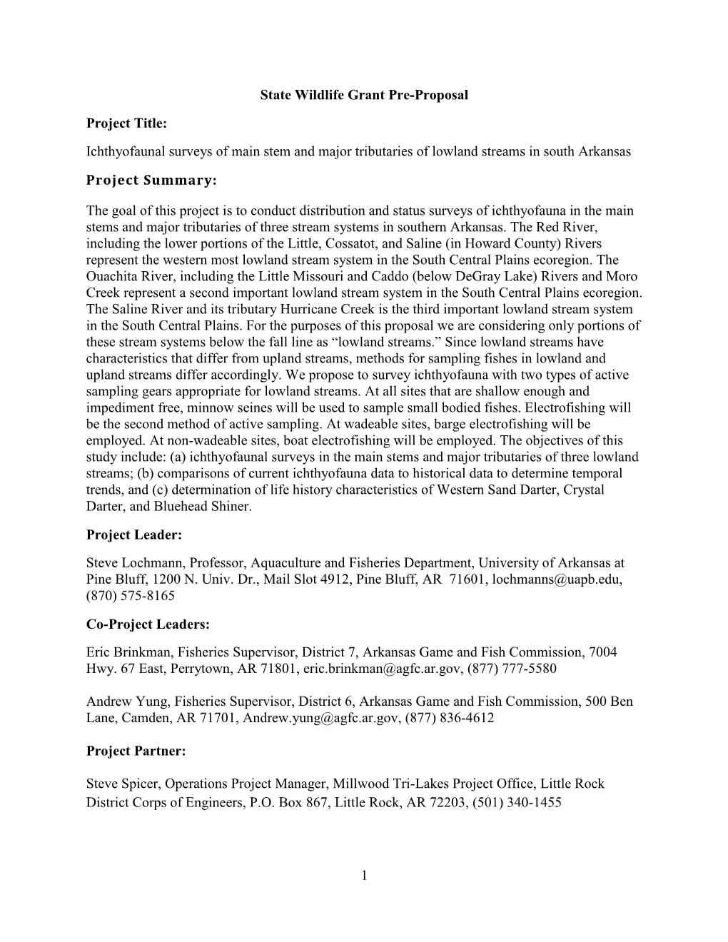 Ichthyofaunal Surveys of Main Stem and Major Tributaries of Lowland Streams in South Arkansas