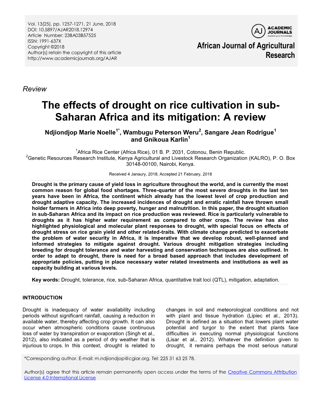 The Effects of Drought on Rice Cultivation in Sub-Saharan Africa And