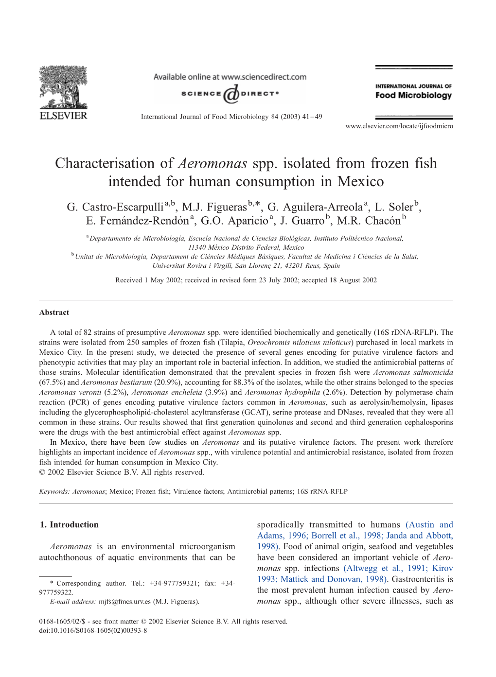 Characterisation of Aeromonas Spp. Isolated from Frozen Fish Intended for Human Consumption in Mexico