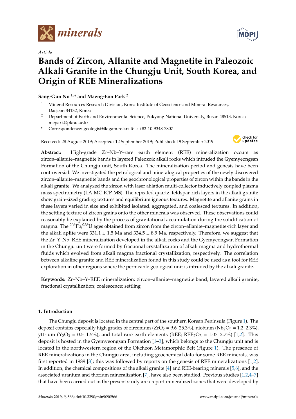 Bands of Zircon, Allanite and Magnetite in Paleozoic Alkali Granite in the Chungju Unit, South Korea, and Origin of REE Mineralizations