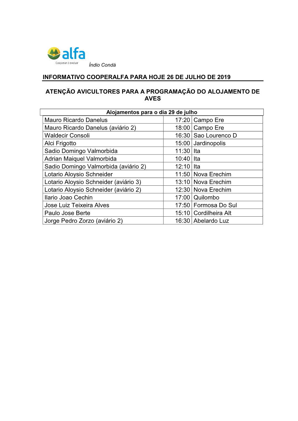 Informativo Cooperalfa Para Hoje 26 De Julho De 2019