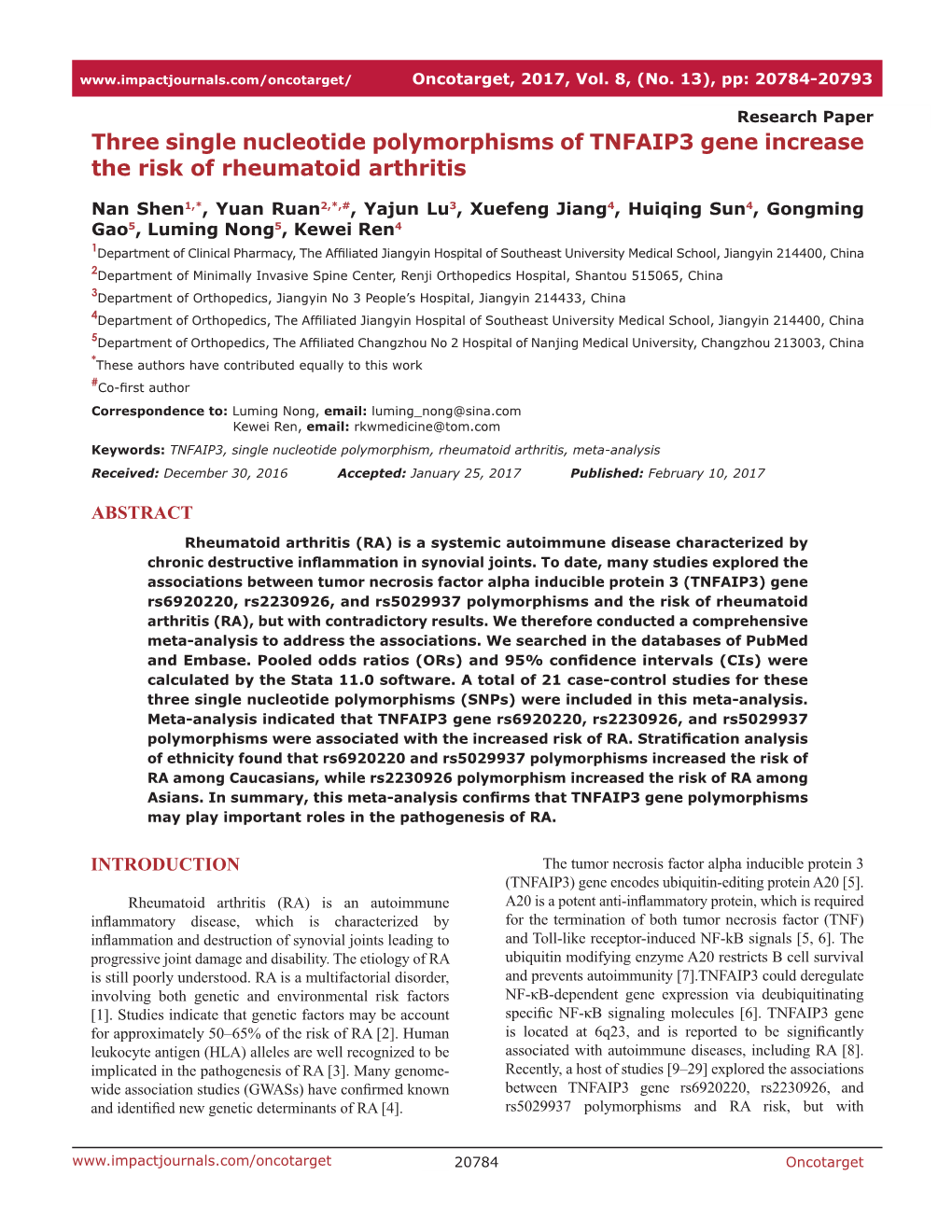 Three Single Nucleotide Polymorphisms of TNFAIP3 Gene Increase the Risk of Rheumatoid Arthritis