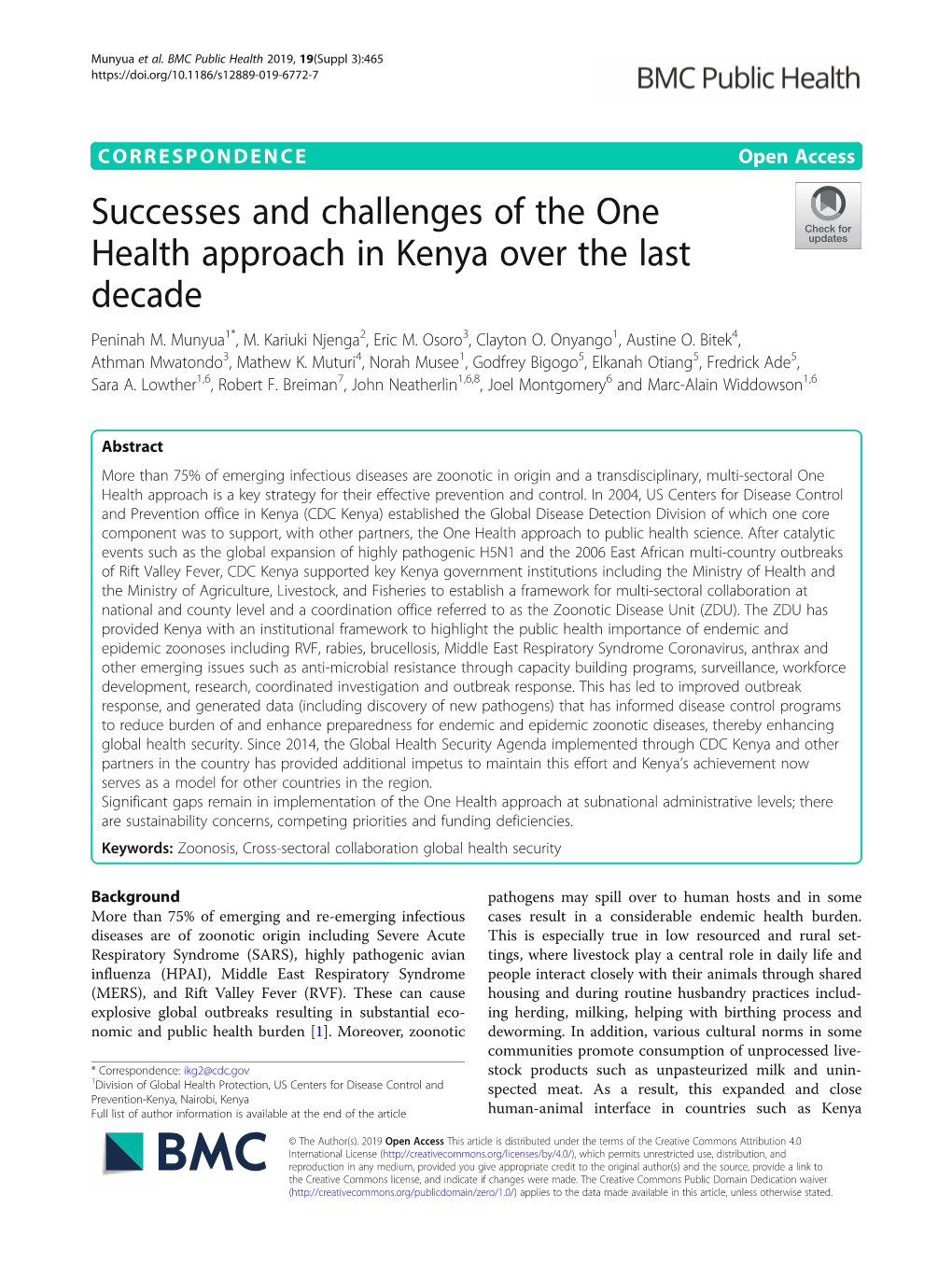 Successes and Challenges of the One Health Approach in Kenya Over the Last Decade Peninah M