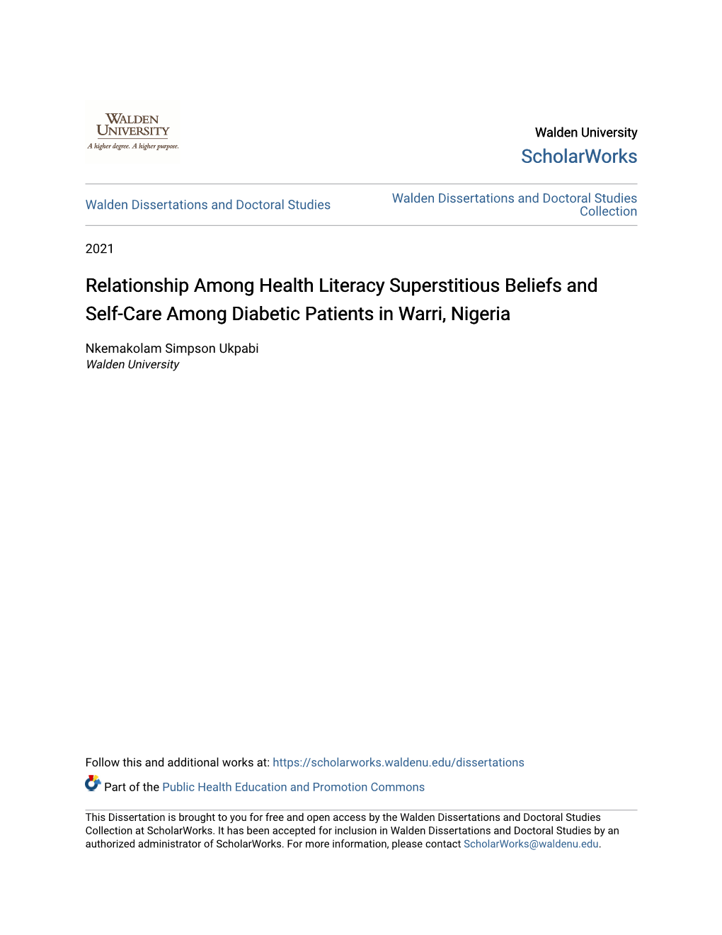 Relationship Among Health Literacy Superstitious Beliefs and Self-Care Among Diabetic Patients in Warri, Nigeria